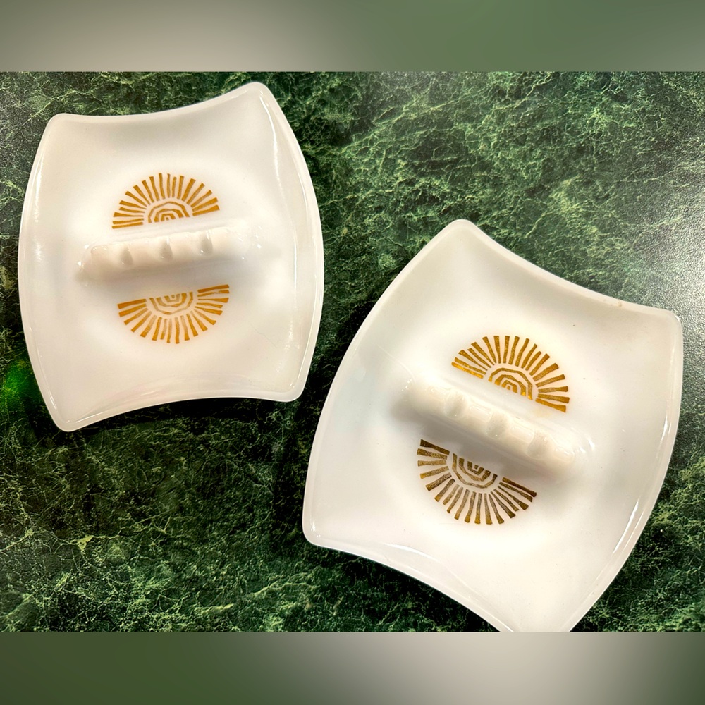 Milkglass Vintage Ashtrays with Gold Sunburst Design Midcentury Modern MCM
